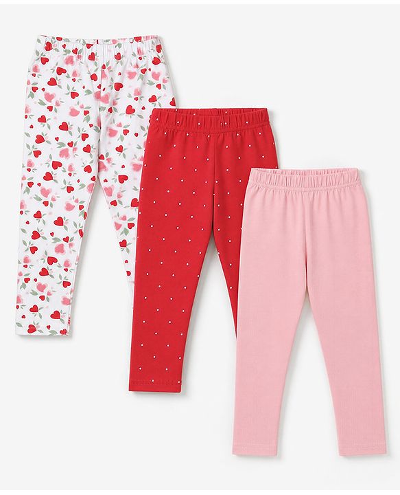 Babyhug Cotton Lycra Knit Full Length Leggings With Floral & Polka Dots Print Pack of 3 - Pink, White & Red