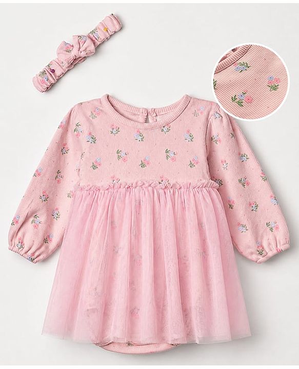 Babyhug 100% Cotton Knit Interlock Onesie and Headband with Full Sleeves and Floral Print - Baby Pink