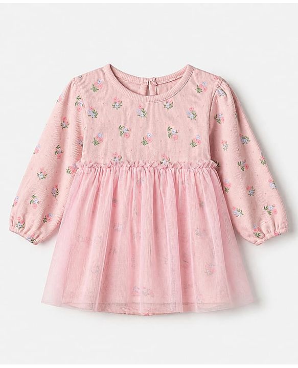 Babyhug 100% Cotton Knit Interlock Onesie and Headband with Full Sleeves and Floral Print - Baby Pink