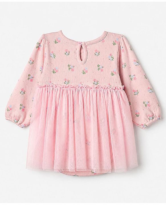 Babyhug 100% Cotton Knit Interlock Onesie and Headband with Full Sleeves and Floral Print - Baby Pink