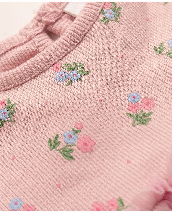 Babyhug 100% Cotton Knit Interlock Onesie and Headband with Full Sleeves and Floral Print - Baby Pink