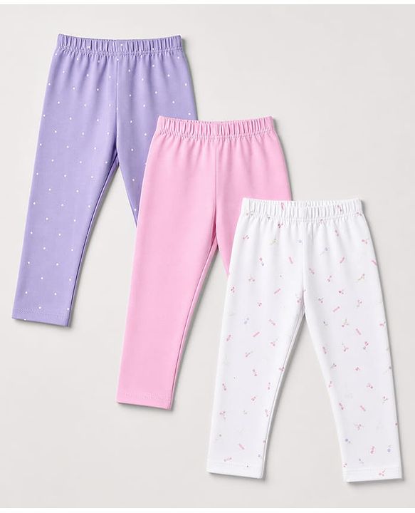 Babyhug Cotton Elastane Knit Full Length Lycra Leggings with Floral Polka Dots Print Pack of 3 - Pink White Lavender