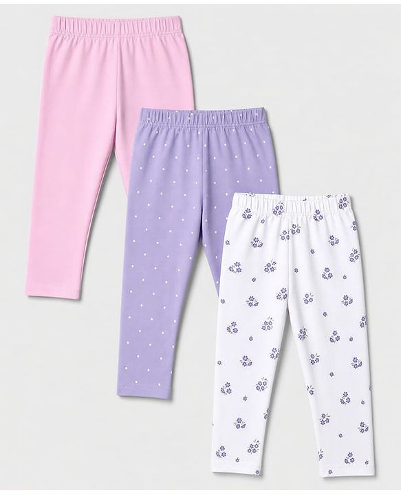 Babyhug Cotton Elastane Knit Solid Full Length Leggings With Floral & Polka Dot Print Pack of 3 - Pink