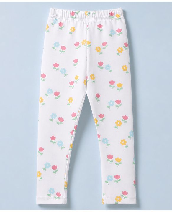 Babyhug Cotton Lycra Knit Full Length Leggings With Floral & Fruit Print Pack of 3 - Yellow, White & Red