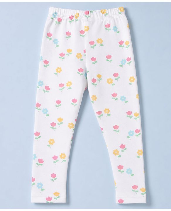 Babyhug Cotton Lycra Knit Full Length Leggings With Floral & Fruit Print Pack of 3 - Yellow, White & Red