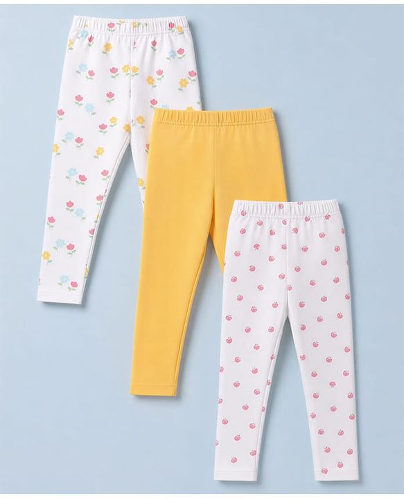 Babyhug Cotton Lycra Knit Full Length Leggings With Floral & Fruit Print Pack of 3 - Yellow, White & Red