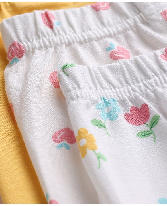 Babyhug Cotton Lycra Knit Full Length Leggings With Floral & Fruit Print Pack of 3 - Yellow, White & Red
