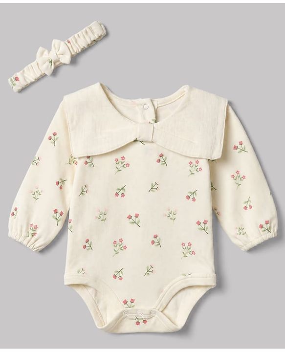 Babyhug 100% Cotton Interlock Knit Onesie and Hairband with Full Sleeves and Floral Print - White
