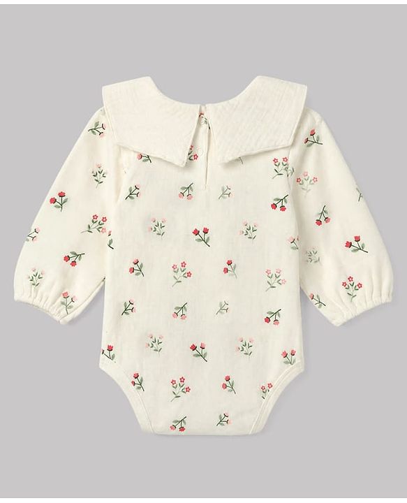 Babyhug 100% Cotton Interlock Knit Onesie and Hairband with Full Sleeves and Floral Print - White
