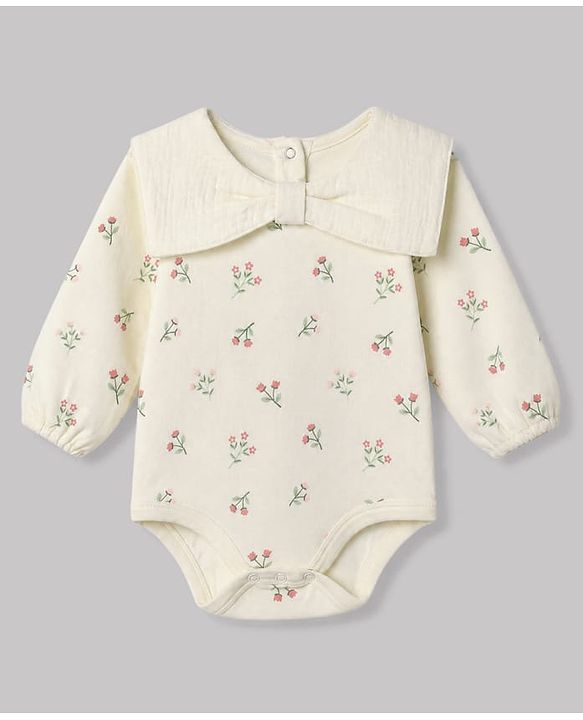 Babyhug 100% Cotton Interlock Knit Onesie and Hairband with Full Sleeves and Floral Print - White