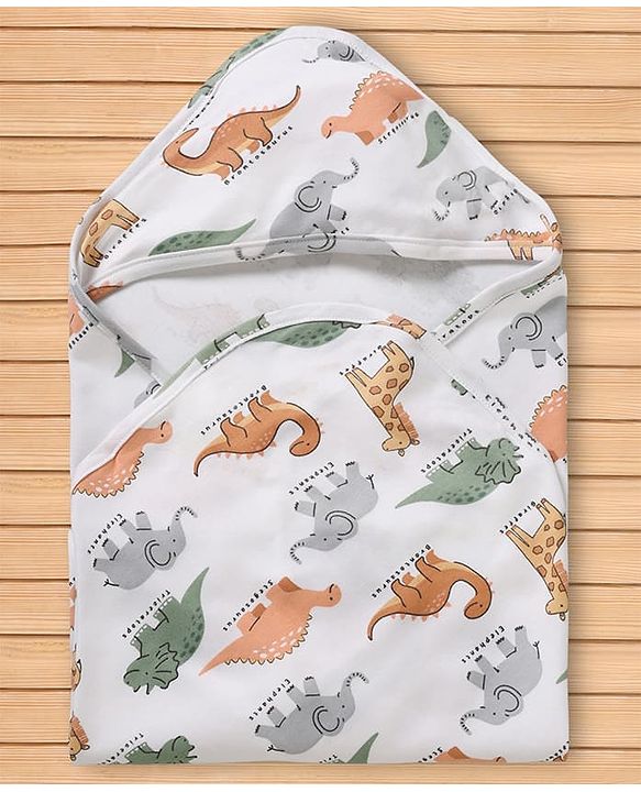 Babyhug Cotton Knit Hooded Wrapper L 78 x B 75 cm Male White 0-6M