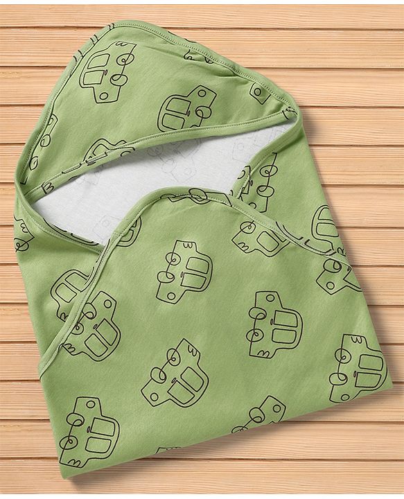 Babyhug Cotton Knit Hooded Towel & Wrapper L 77 x B 77 cm - Green