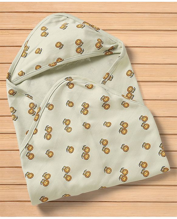 Babyhug Cotton Knit Hooded Towel & Wrapper L 77 x B 77 cm - Green