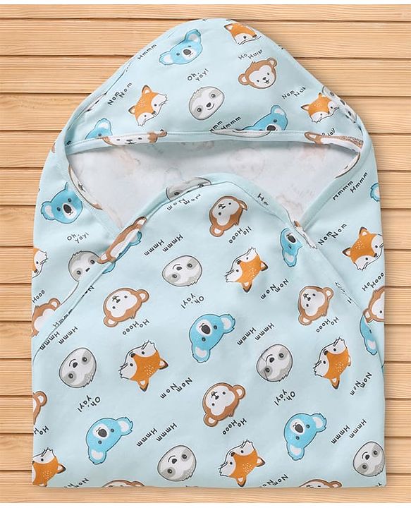 Babyhug Cotton Knit Hooded Towel & Wrapper L 78 x B 75 cm - Blue