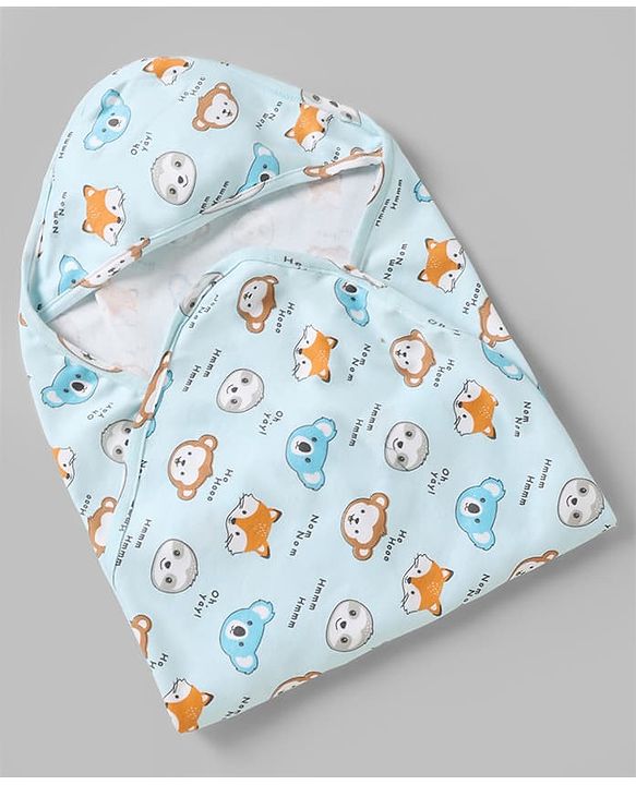 Babyhug Cotton Knit Hooded Towel & Wrapper L 78 x B 75 cm - Blue