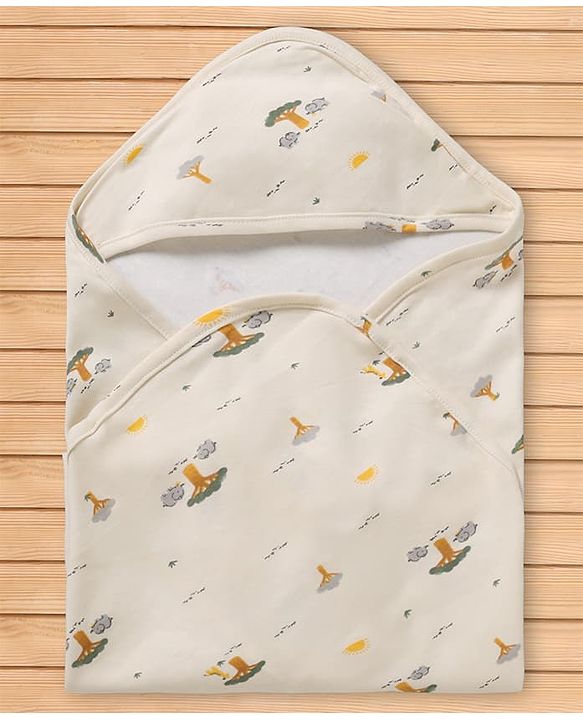 Babyhug Cotton Knit Hooded Towel & Wrapper L 78 x B 75 cm - Offwhite