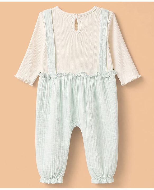 Babyhug 100% Cotton Interlock Knit Full Sleeves Romper With Floral Applique - Sea Green