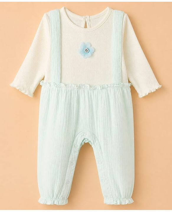 Babyhug 100% Cotton Interlock Knit Full Sleeves Romper With Floral Applique - Sea Green