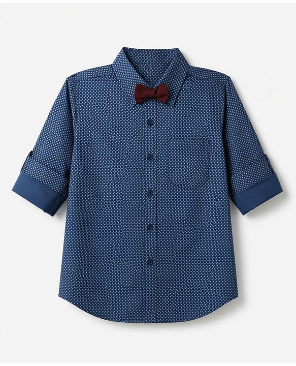 Pine Kids Cotton Woven Full Sleeves Printed Party Shirt With Bow - Blue