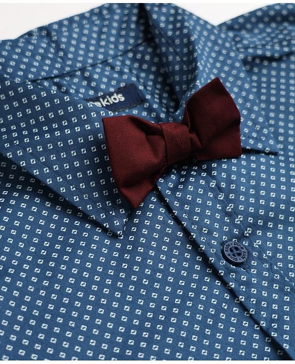Pine Kids Cotton Woven Full Sleeves Printed Party Shirt With Bow - Blue