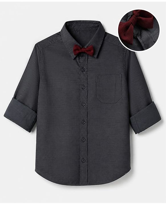 Pine Kids Cotton Woven Full Sleeves Solid Party Shirt With Bow - Black