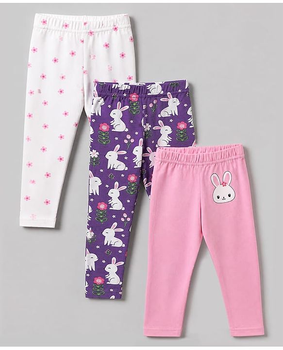 Babyhug Cotton Elastane Knit Slim Fit Full Length Leggings with Rabbit & Floral Print Pack of 3 - White & Pink
