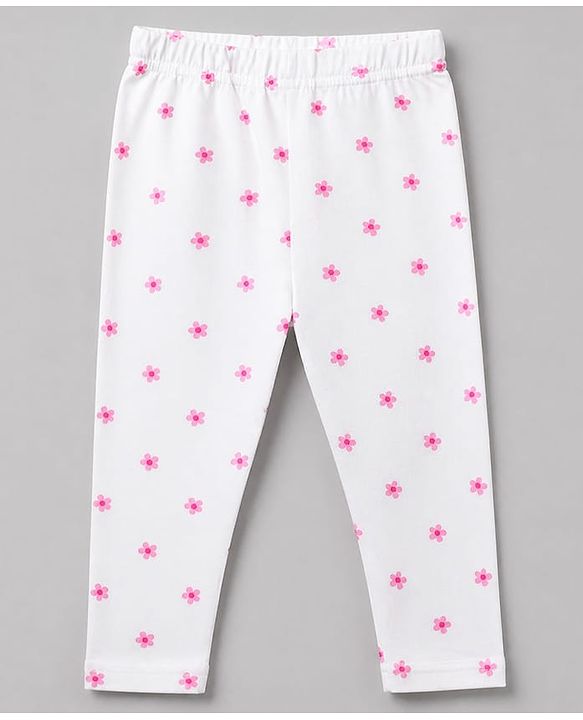 Babyhug Cotton Elastane Knit Slim Fit Full Length Leggings with Rabbit & Floral Print Pack of 3 - White & Pink