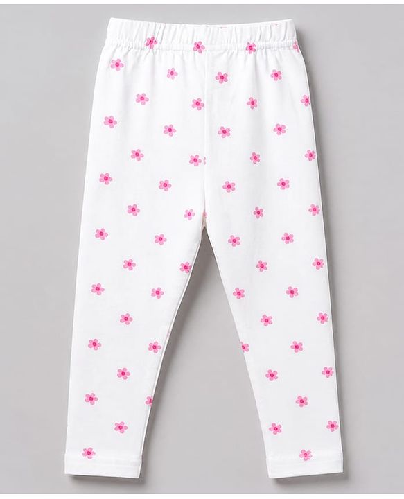 Babyhug Cotton Elastane Knit Slim Fit Full Length Leggings with Rabbit & Floral Print Pack of 3 - White & Pink