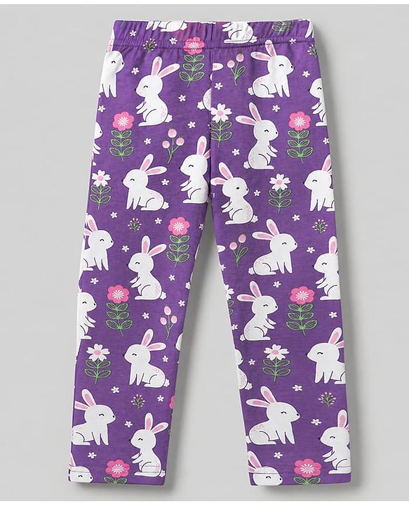 Babyhug Cotton Elastane Knit Slim Fit Full Length Leggings with Rabbit & Floral Print Pack of 3 - White & Pink