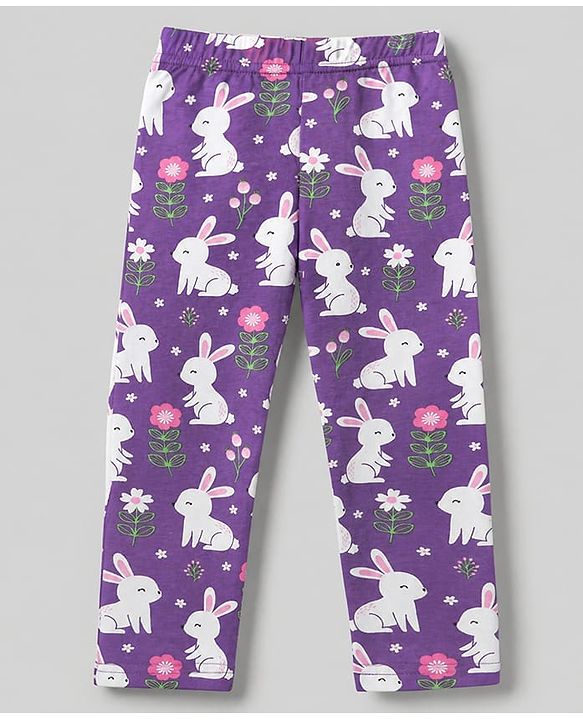 Babyhug Cotton Elastane Knit Slim Fit Full Length Leggings with Rabbit & Floral Print Pack of 3 - White & Pink