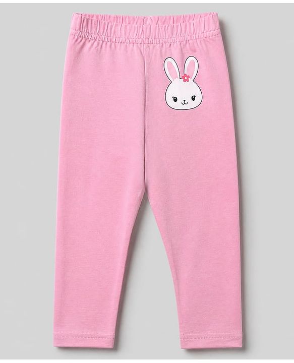 Babyhug Cotton Elastane Knit Slim Fit Full Length Leggings with Rabbit & Floral Print Pack of 3 - White & Pink