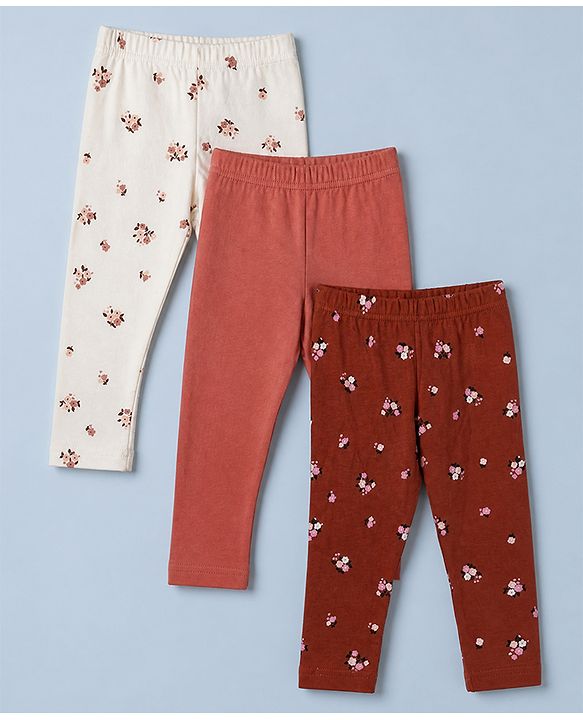 Babyhug Cotton Knit Slim Fit Full Length Leggings with Floral Print Pack of 3 in Maroon White