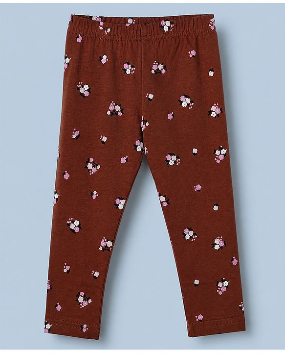 Babyhug Cotton Knit Slim Fit Full Length Leggings with Floral Print Pack of 3 in Maroon White