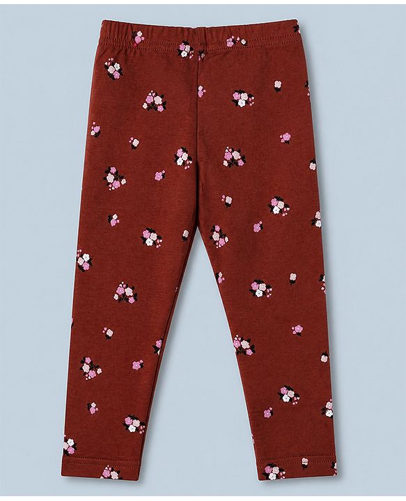 Babyhug Cotton Knit Slim Fit Full Length Leggings with Floral Print Pack of 3 in Maroon White
