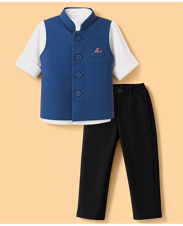 Babyhug Knit Woven Full Sleeves Solid Party Suit - Blue