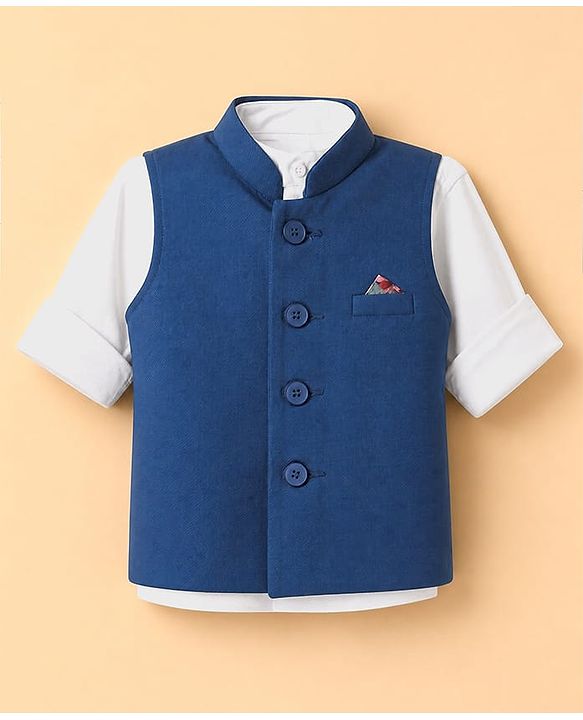 Babyhug Knit Woven Full Sleeves Solid Party Suit - Blue
