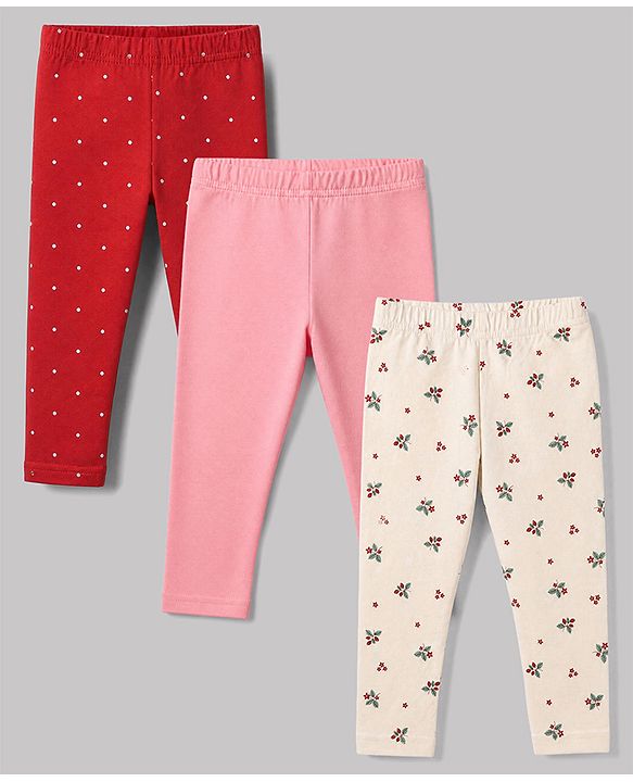 Babyhug Cotton Elastane Knit Full Length Slim Fit Leggings With Floral & Polka Dot Print Pack of 3 in Pink Red