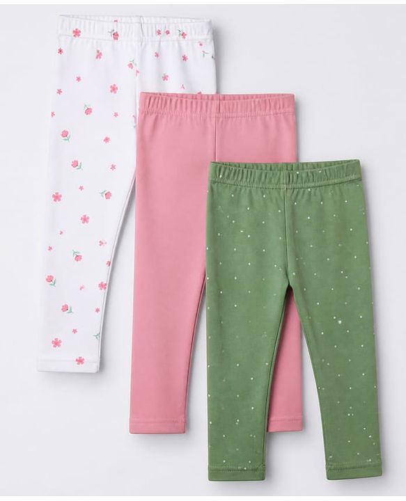 Babyhug Cotton Knit Full Length Leggings with Floral Print Pack of 3 in Pink Green White