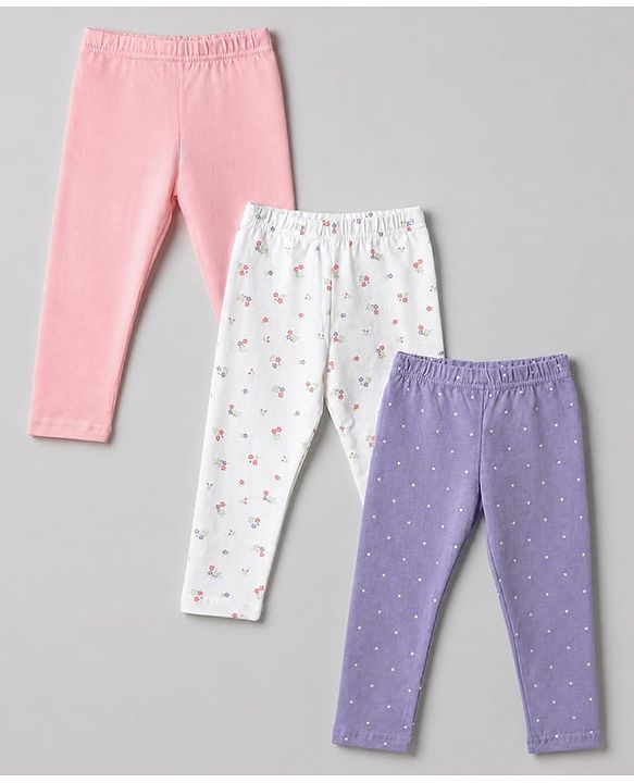 Babyhug Cotton Elastane Knit Full Length Leggings With Floral Print Pack of 3 - Purple Pink White