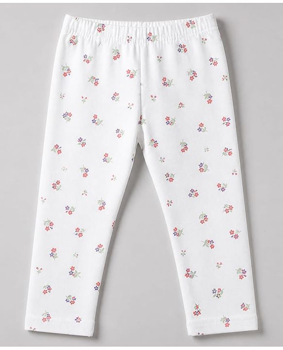 Babyhug Cotton Elastane Knit Full Length Leggings With Floral Print Pack of 3 - Purple Pink White