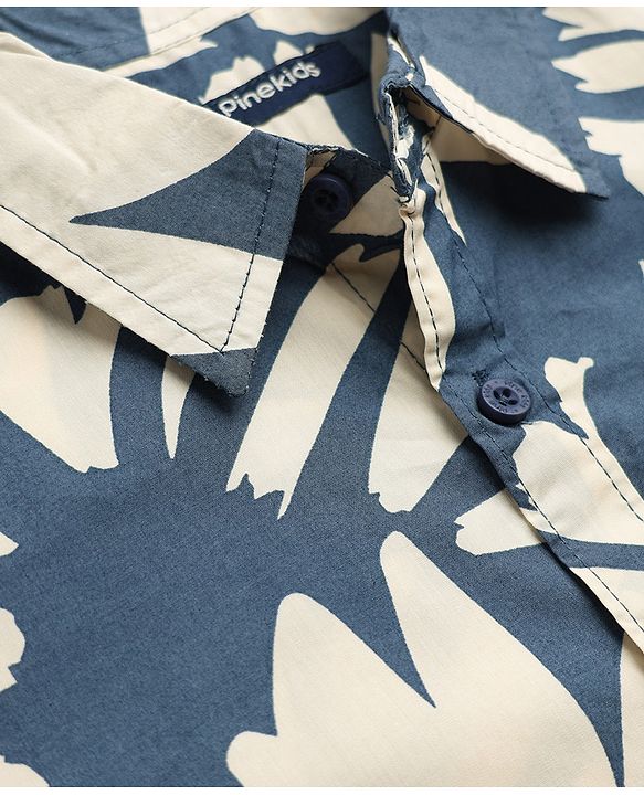 Pine Kids Cotton Woven Shirt with Half Sleeves and Floral Print - Light Blue
