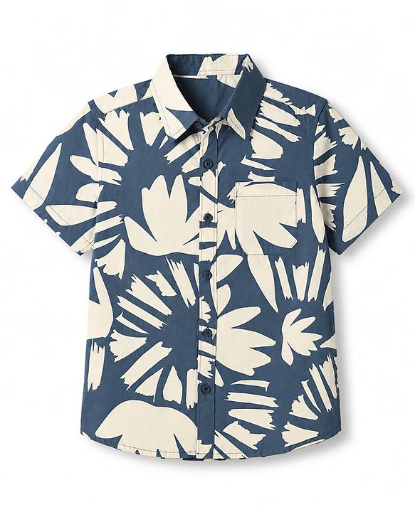 Pine Kids Cotton Woven Shirt with Half Sleeves and Floral Print - Light Blue
