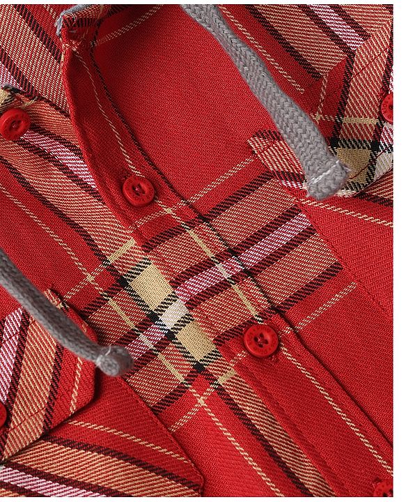 Pine Kids Cotton Woven Full Sleeves Hooded Checks Shirt - Red