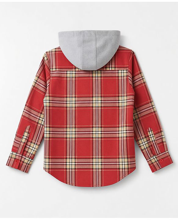Pine Kids Cotton Woven Full Sleeves Hooded Checks Shirt - Red