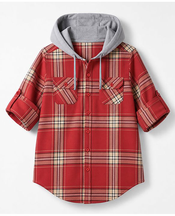 Pine Kids Cotton Woven Full Sleeves Hooded Checks Shirt - Red
