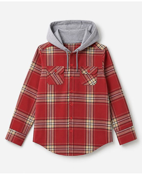 Pine Kids Cotton Woven Full Sleeves Hooded Checks Shirt - Red