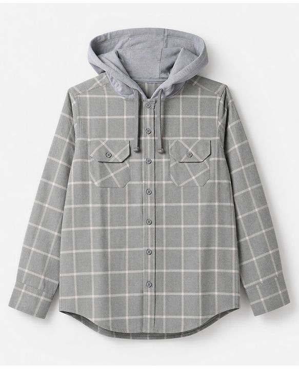 Pine Kids Cotton Woven Hooded Checks Shirt With Full Sleeves - Grey