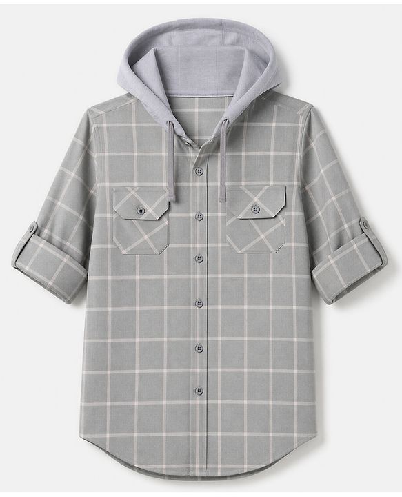 Pine Kids Cotton Woven Hooded Checks Shirt With Full Sleeves - Grey
