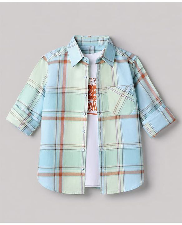 Pine Kids Cotton Woven Check Shirts with T-Shirt/Twofer with Full Sleeves and Street Competition Print in Beige