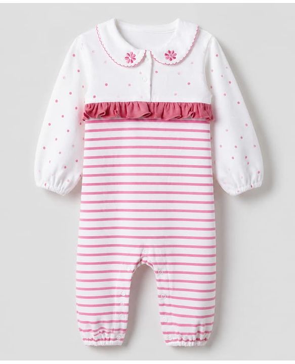 Babyhug 100% Cotton Interlock Knit Full Sleeves Romper with Frill Details and Polka Dots Print with Stripes - White & Pink